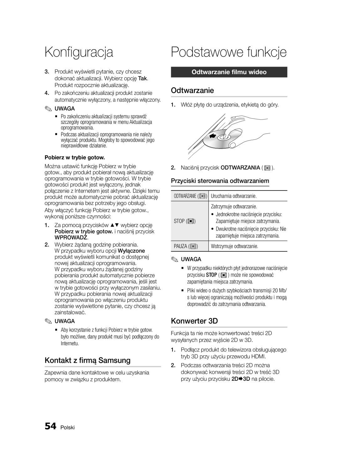 Samsung BD-D8200/ZF, BD-D8500/EN Podstawowe funkcje, Kontakt z firmą Samsung, Konwerter 3D, Odtwarzanie filmu wideo 