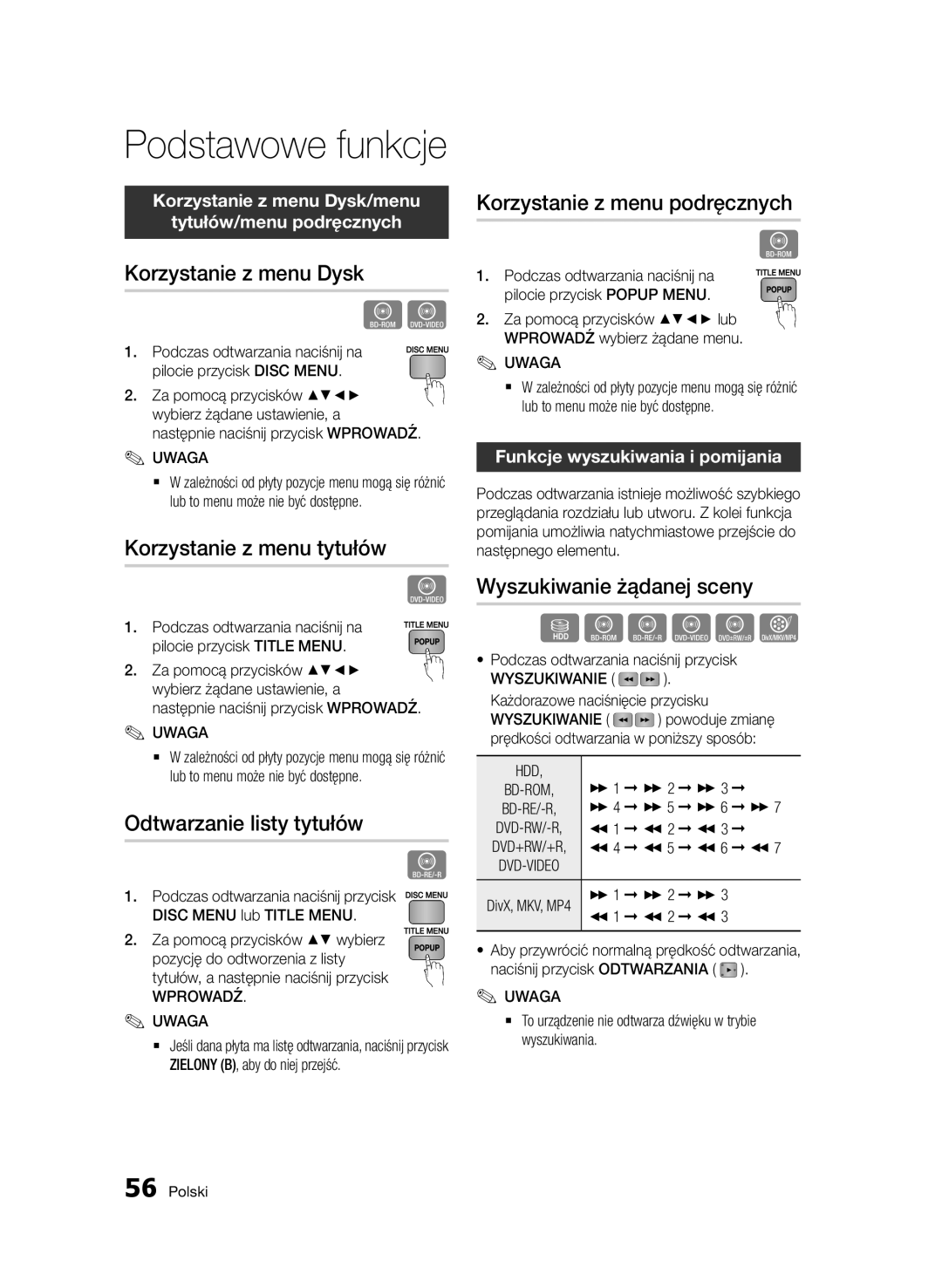 Samsung BD-D8500/EN, BD-D8500/XN manual Korzystanie z menu Dysk, Korzystanie z menu tytułów, Odtwarzanie listy tytułów 