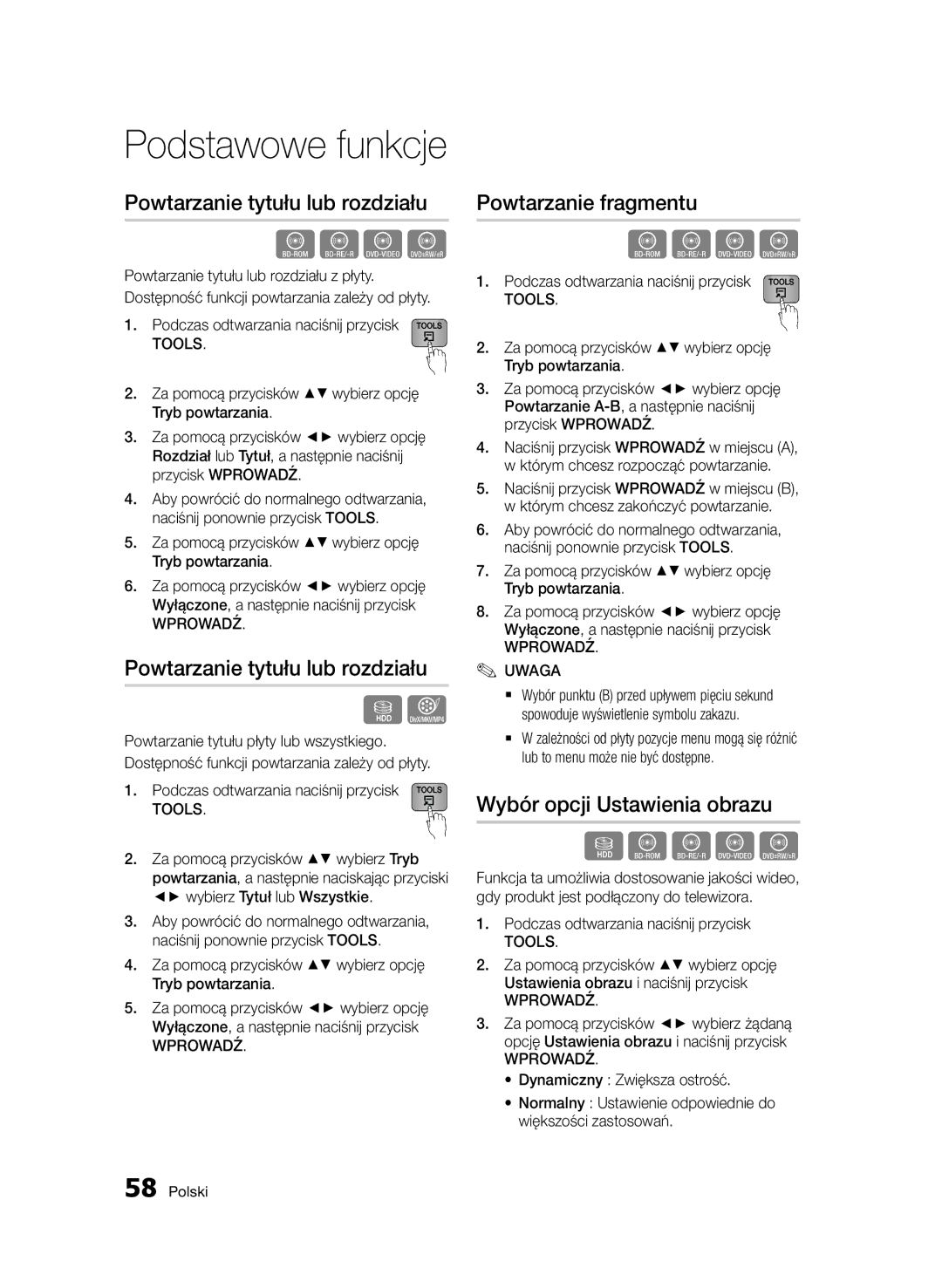 Samsung BD-D8200/EN Powtarzanie tytułu lub rozdziału, Powtarzanie fragmentu, Wybór opcji Ustawienia obrazu, Wprowadź Uwaga 