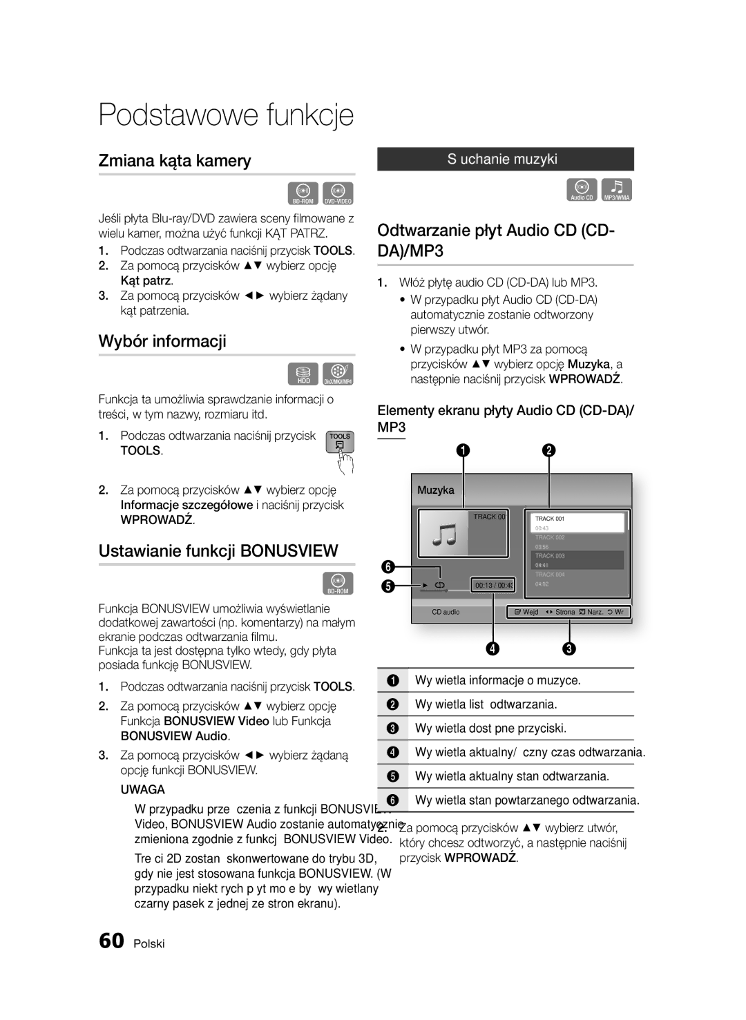 Samsung BD-D8200/ZF, BD-D8500/EN manual Zmiana kąta kamery, Wybór informacji, Ustawianie funkcji Bonusview, Słuchanie muzyki 