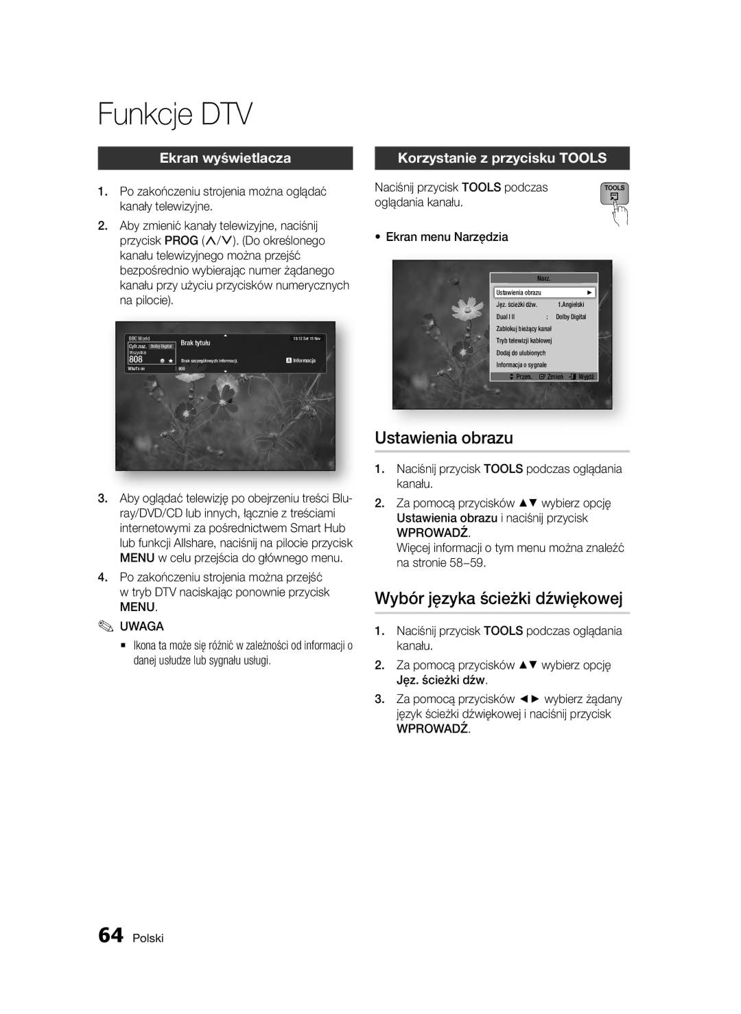 Samsung BD-D8200/EN Funkcje DTV, Ustawienia obrazu, Ekran wyświetlacza, Naciśnij przycisk Tools podczas oglądania kanału 