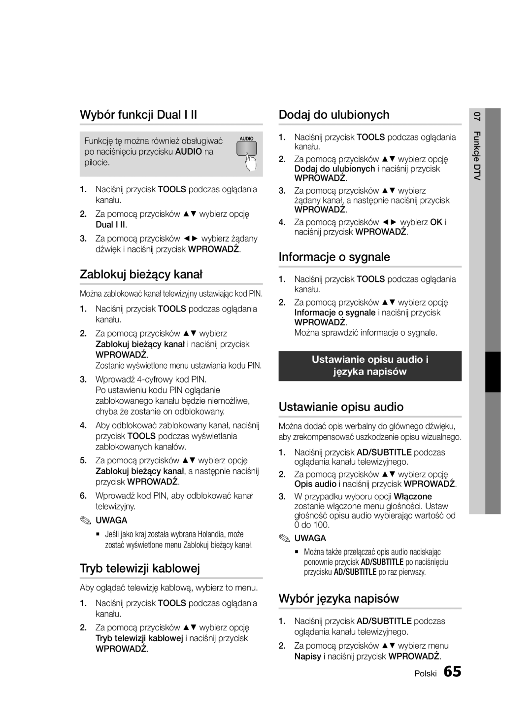 Samsung BD-D8200/XN manual Wybór funkcji Dual I, Zablokuj bieżący kanał, Tryb telewizji kablowej, Dodaj do ulubionych 