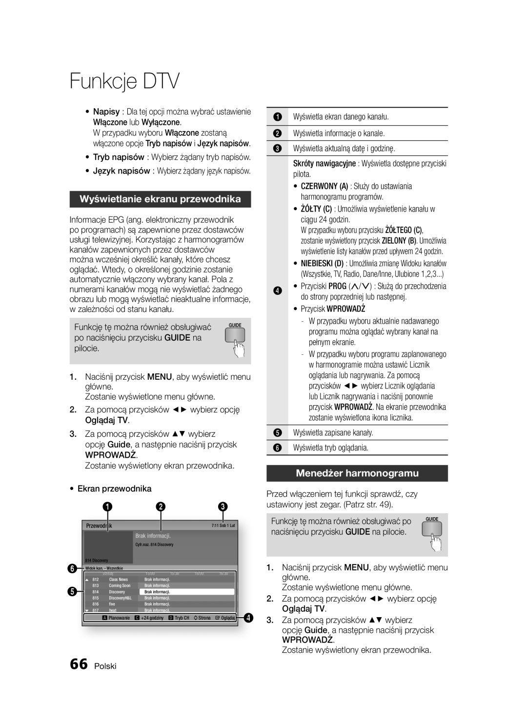 Samsung BD-D8200/ZF, BD-D8500/EN, BD-D8500/XN, BD-D8200/EN manual Wyświetlanie ekranu przewodnika, Menedżer harmonogramu 