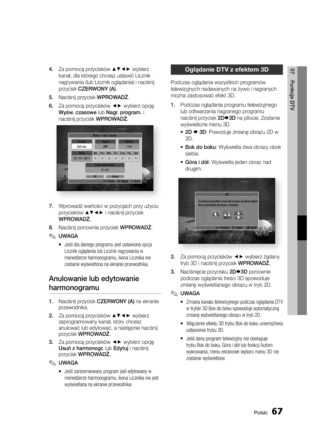 Samsung BD-D8500/ZF, BD-D8500/EN, BD-D8500/XN manual Anulowanie lub edytowanie harmonogramu, Oglądanie DTV z efektem 3D 