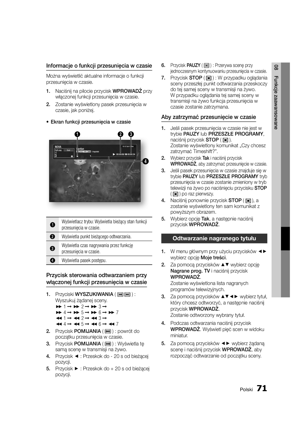 Samsung BD-D8200/XN Informacje o funkcji przesunięcia w czasie, Aby zatrzymać przesunięcie w czasie, Przesunięcia w czasie 