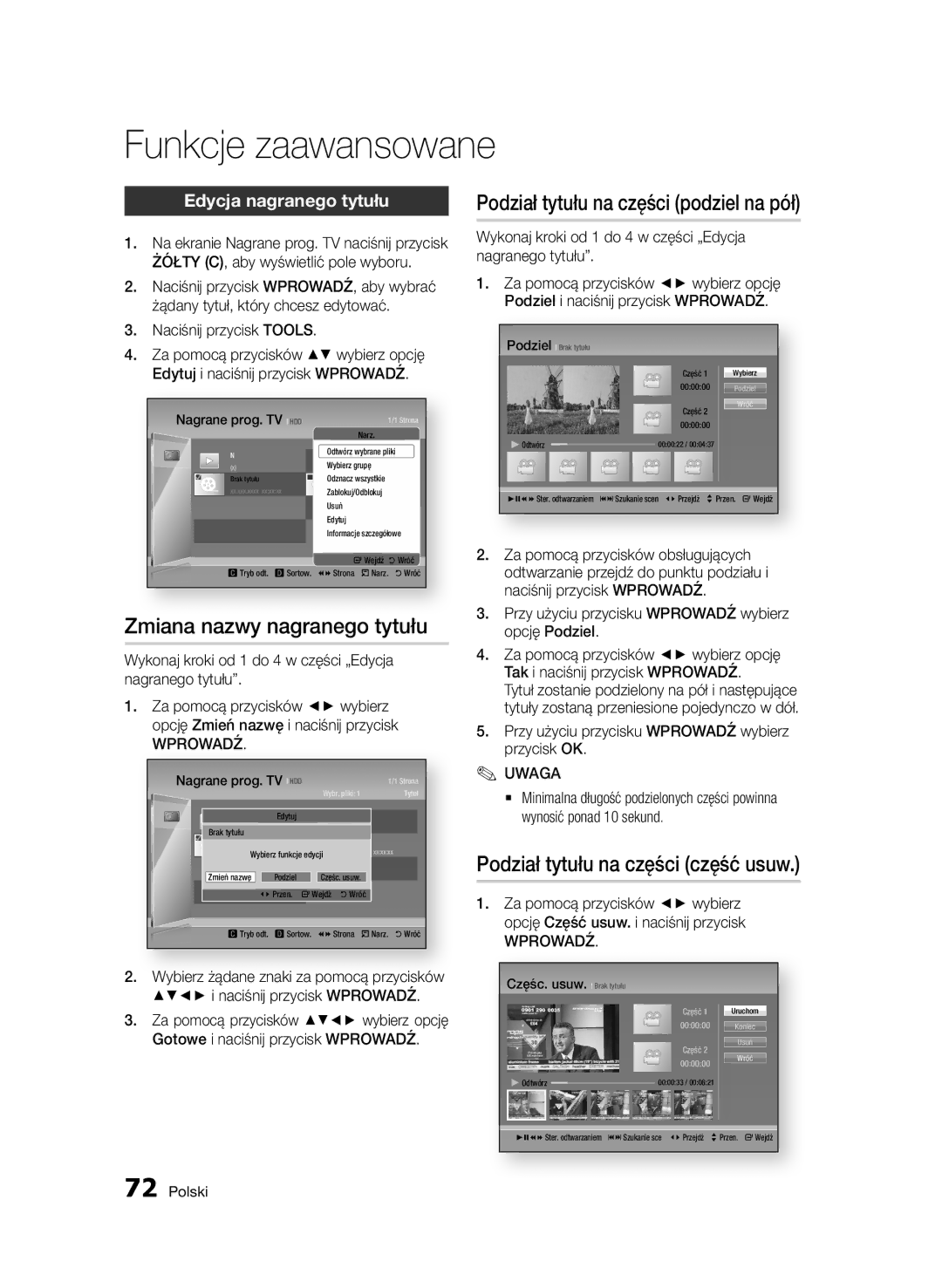 Samsung BD-D8200/ZF manual Zmiana nazwy nagranego tytułu, Podział tytułu na części część usuw, Edycja nagranego tytułu 