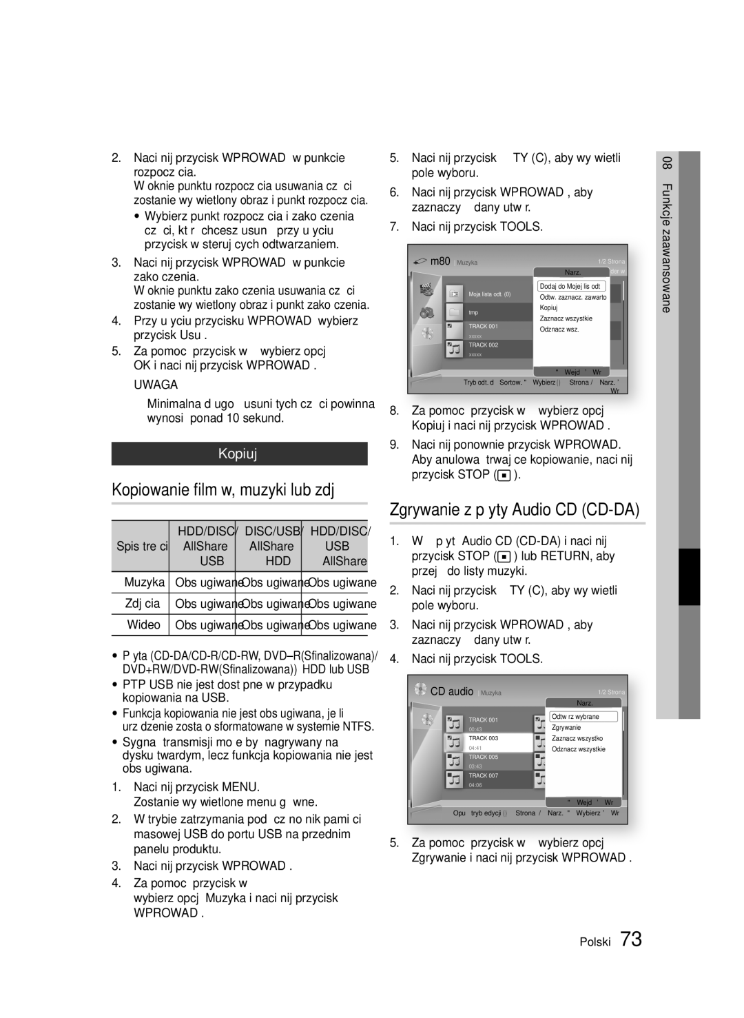 Samsung BD-D8500/ZF, BD-D8500/EN, BD-D8500/XN Kopiowanie filmów, muzyki lub zdjęć, Zgrywanie z płyty Audio CD CD-DA, Kopiuj 