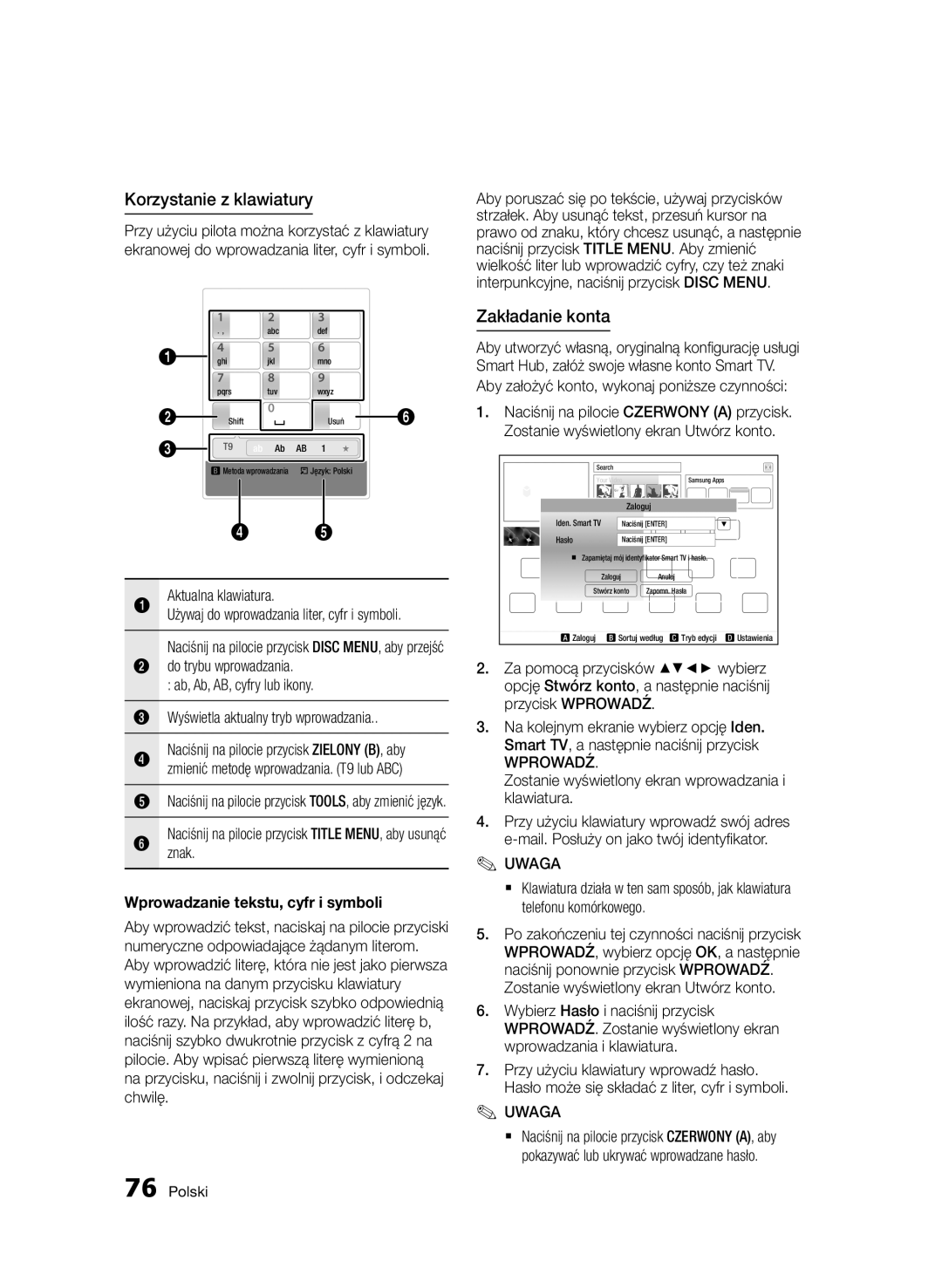 Samsung BD-D8200/EN, BD-D8500/EN, BD-D8500/XN, BD-D8200/XN, BD-D8200/ZF manual Korzystanie z klawiatury, Zakładanie konta 