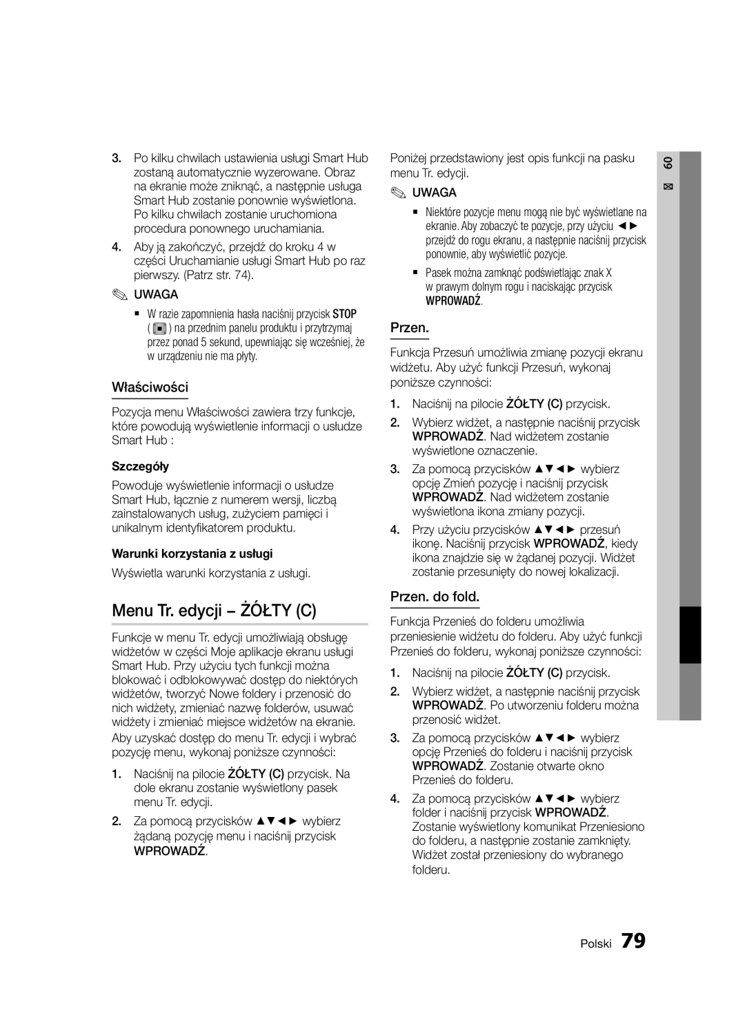 Samsung BD-D8500/ZF, BD-D8500/EN, BD-D8500/XN, BD-D8200/EN manual Menu Tr. edycji − Żółty C, Właściwości, Przen. do fold 