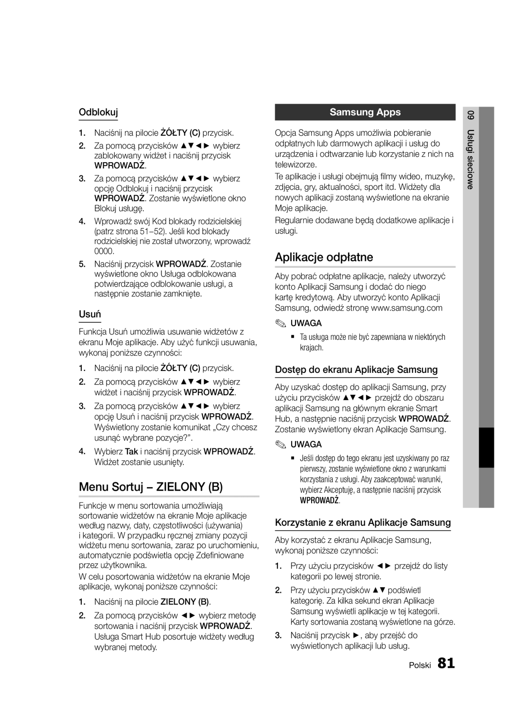 Samsung BD-D8500/XN, BD-D8500/EN, BD-D8200/EN, BD-D8200/XN, BD-D8200/ZF manual Menu Sortuj − Zielony B, Aplikacje odpłatne 