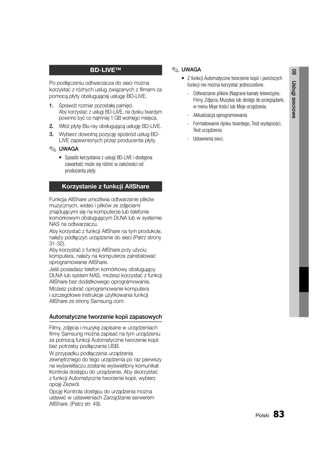 Samsung BD-D8200/XN, BD-D8500/EN, BD-D8500/XN manual Korzystanie z funkcji AllShare, Automatyczne tworzenie kopii zapasowych 