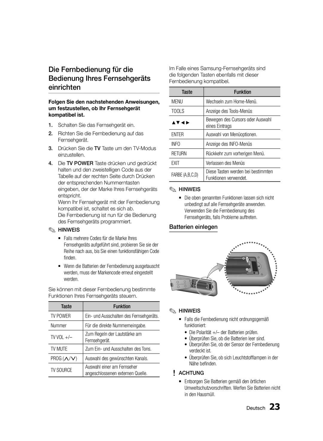 Samsung BD-D8500/ZF, BD-D8500/EN, BD-D8500/XN, BD-D8200/EN, BD-D8200/XN, BD-D8200/ZF manual Batterien einlegen 