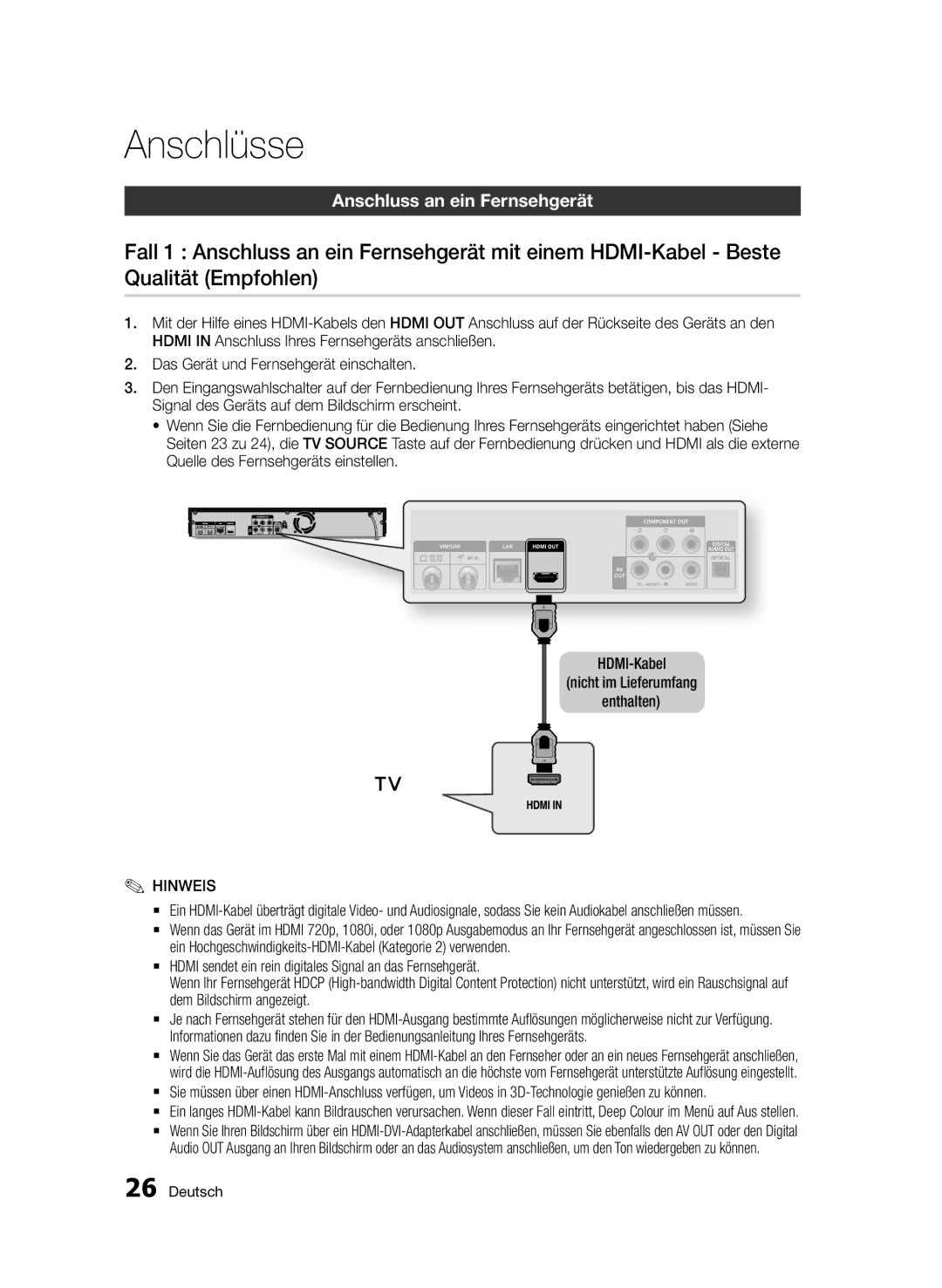 Samsung BD-D8200/EN, BD-D8500/EN, BD-D8500/XN, BD-D8200/XN, BD-D8200/ZF, BD-D8500/ZF manual Anschluss an ein Fernsehgerät 