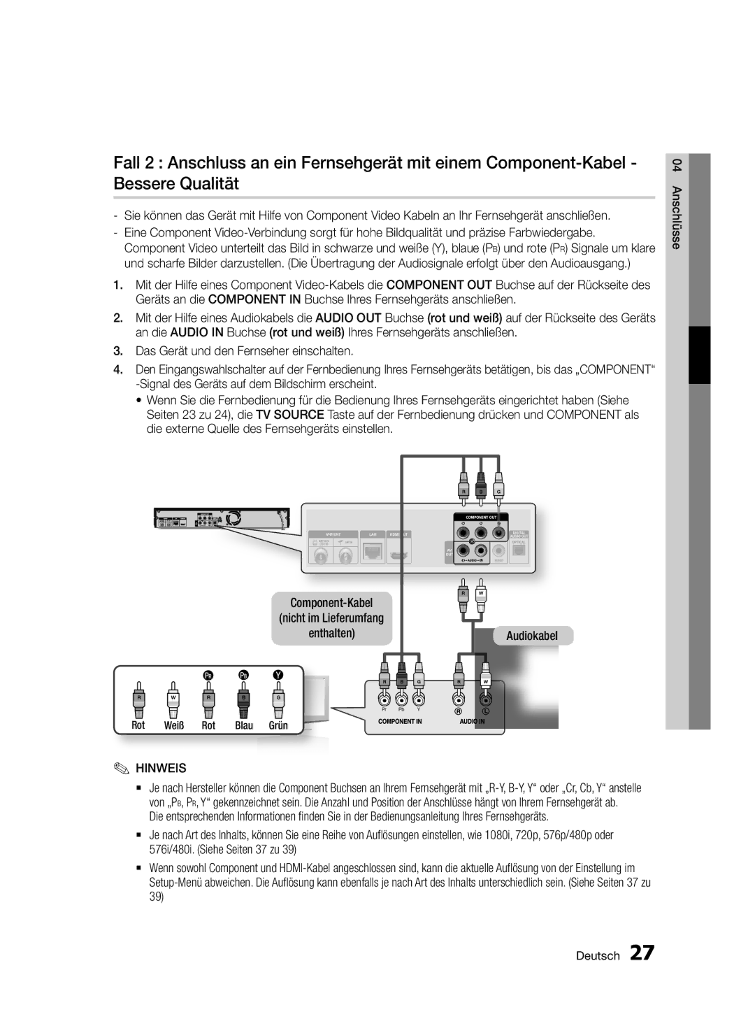 Samsung BD-D8200/XN, BD-D8500/EN, BD-D8500/XN, BD-D8200/EN, BD-D8200/ZF manual Anschlüsse Deutsch, Rot Weiß Rot Blau Grün 