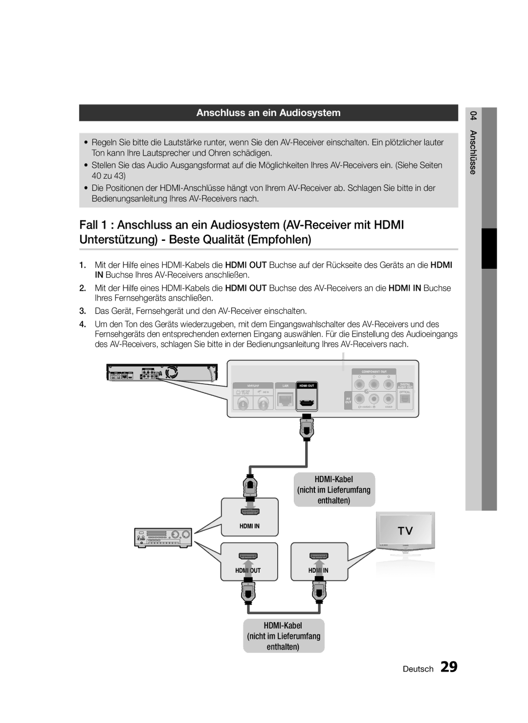 Samsung BD-D8500/ZF, BD-D8500/EN, BD-D8500/XN manual Anschluss an ein Audiosystem, HDMI-Kabel Nicht im Lieferumfang Enthalten 