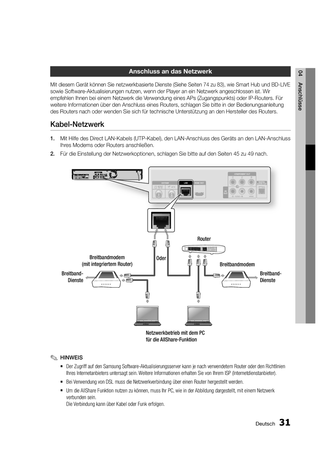 Samsung BD-D8500/XN, BD-D8500/EN, BD-D8200/EN, BD-D8200/XN Kabel-Netzwerk, Anschluss an das Netzwerk, Dienste, Breitband 