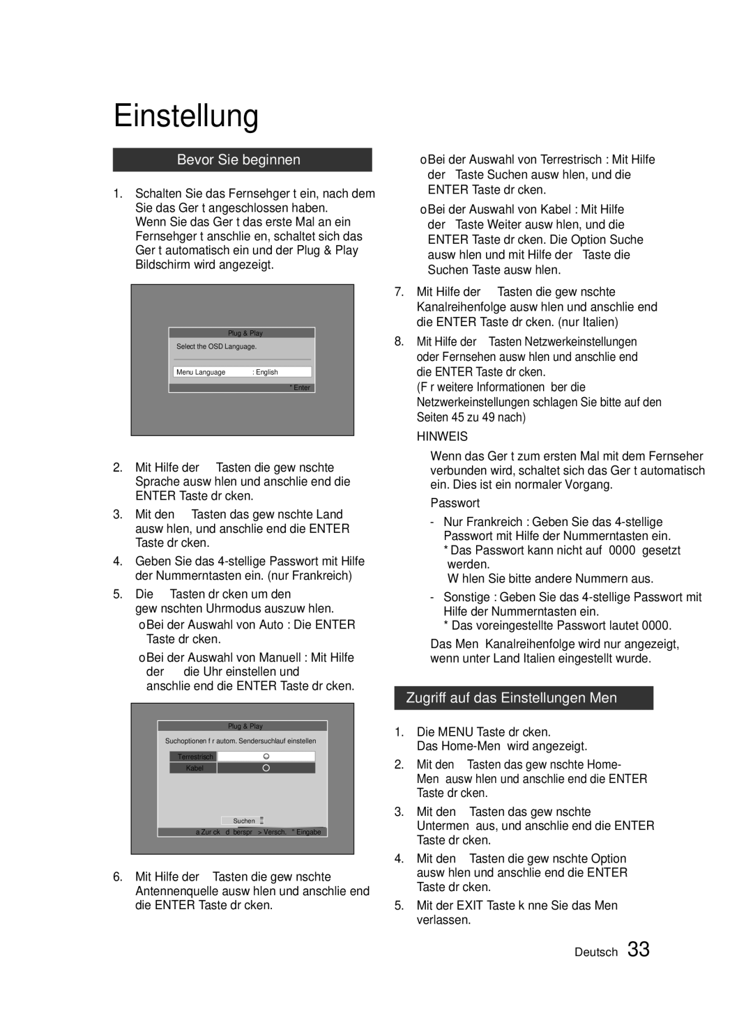 Samsung BD-D8200/XN, BD-D8500/EN, BD-D8500/XN, BD-D8200/EN manual Bevor Sie beginnen, Zugriff auf das Einstellungen Menü 