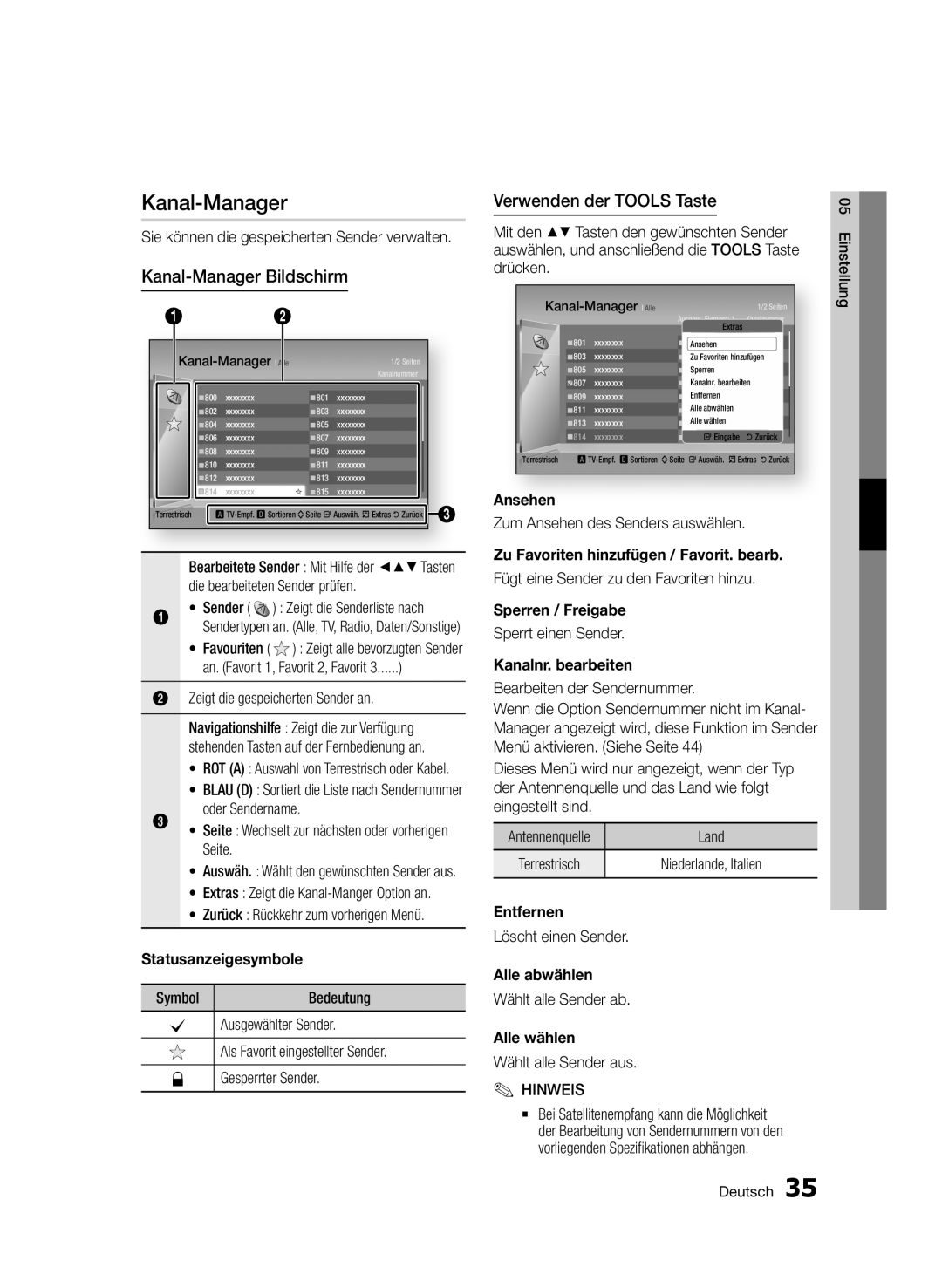 Samsung BD-D8500/ZF, BD-D8500/EN, BD-D8500/XN, BD-D8200/EN manual Kanal-Manager Bildschirm, Verwenden der Tools Taste 