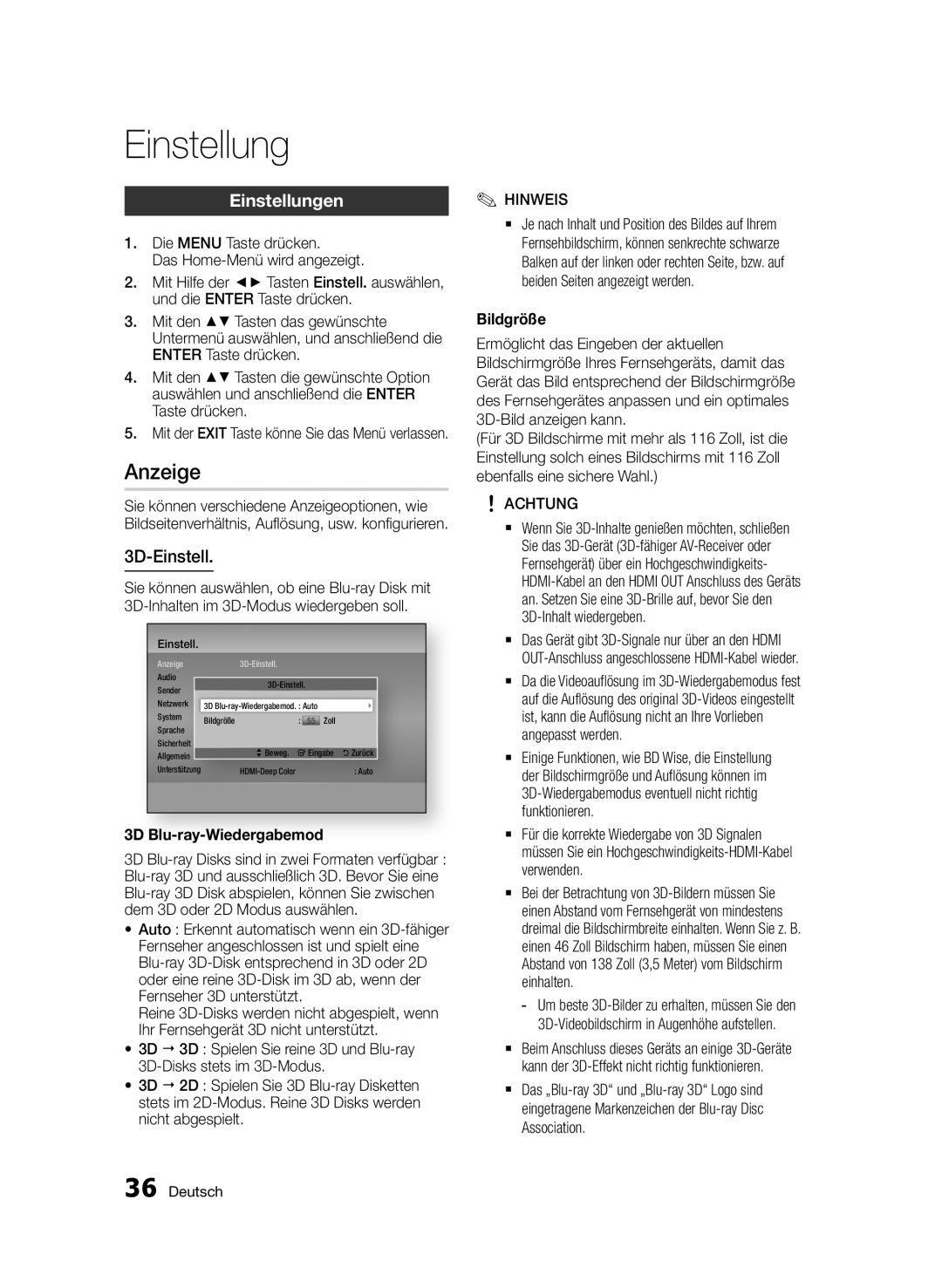 Samsung BD-D8500/EN, BD-D8500/XN, BD-D8200/EN manual Anzeige, Einstellungen, 3D-Einstell, 3D Blu-ray-Wiedergabemod, Bildgröße 