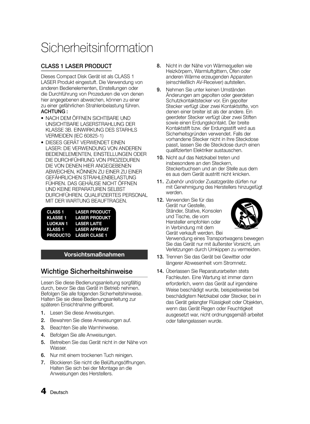 Samsung BD-D8200/ZF manual Wichtige Sicherheitshinweise, Vorsichtsmaßnahmen, Und Tische, die vom Hersteller empfohlen oder 