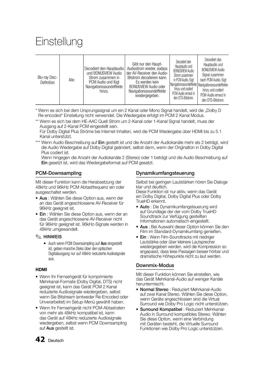 Samsung BD-D8500/EN, BD-D8500/XN manual PCM-Downsampling, Dynamikumfangsteuerung, Downmix-Modus, Alle, Gibt nur den Haupt 