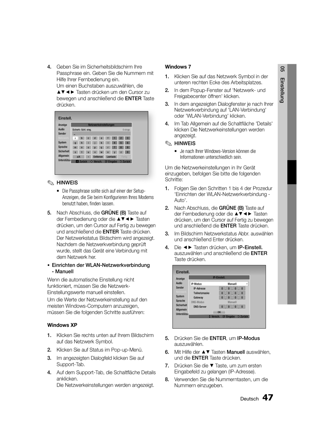 Samsung BD-D8500/ZF manual ƒƒ Einrichten der WLAN-Netzwerkverbindung Manuell, Und anschließend Enter drücken, Taste drücken 