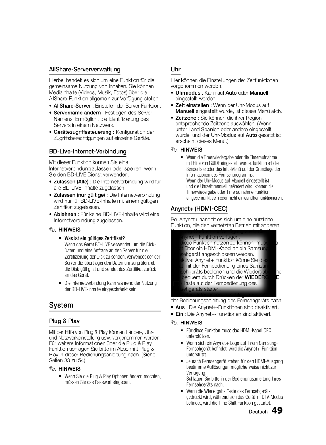 Samsung BD-D8500/XN, BD-D8500/EN, BD-D8200/EN, BD-D8200/XN, BD-D8200/ZF, BD-D8500/ZF manual System 