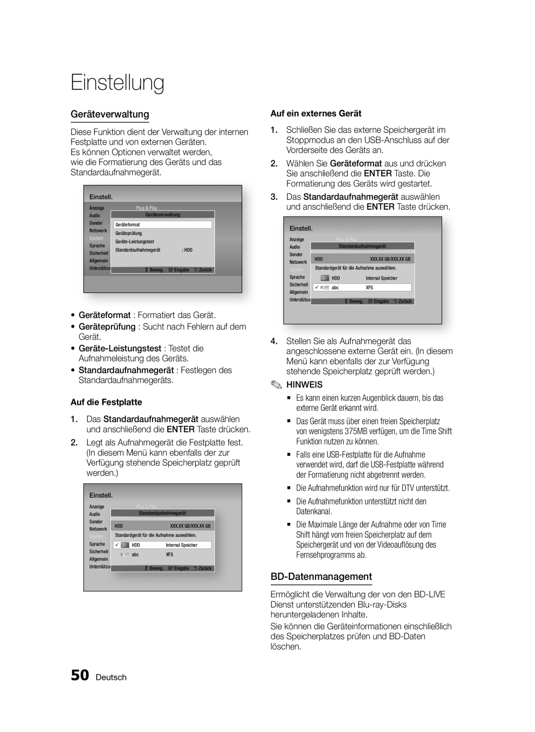 Samsung BD-D8200/EN, BD-D8500/EN manual Geräteverwaltung, BD-Datenmanagement, Auf die Festplatte, Auf ein externes Gerät 