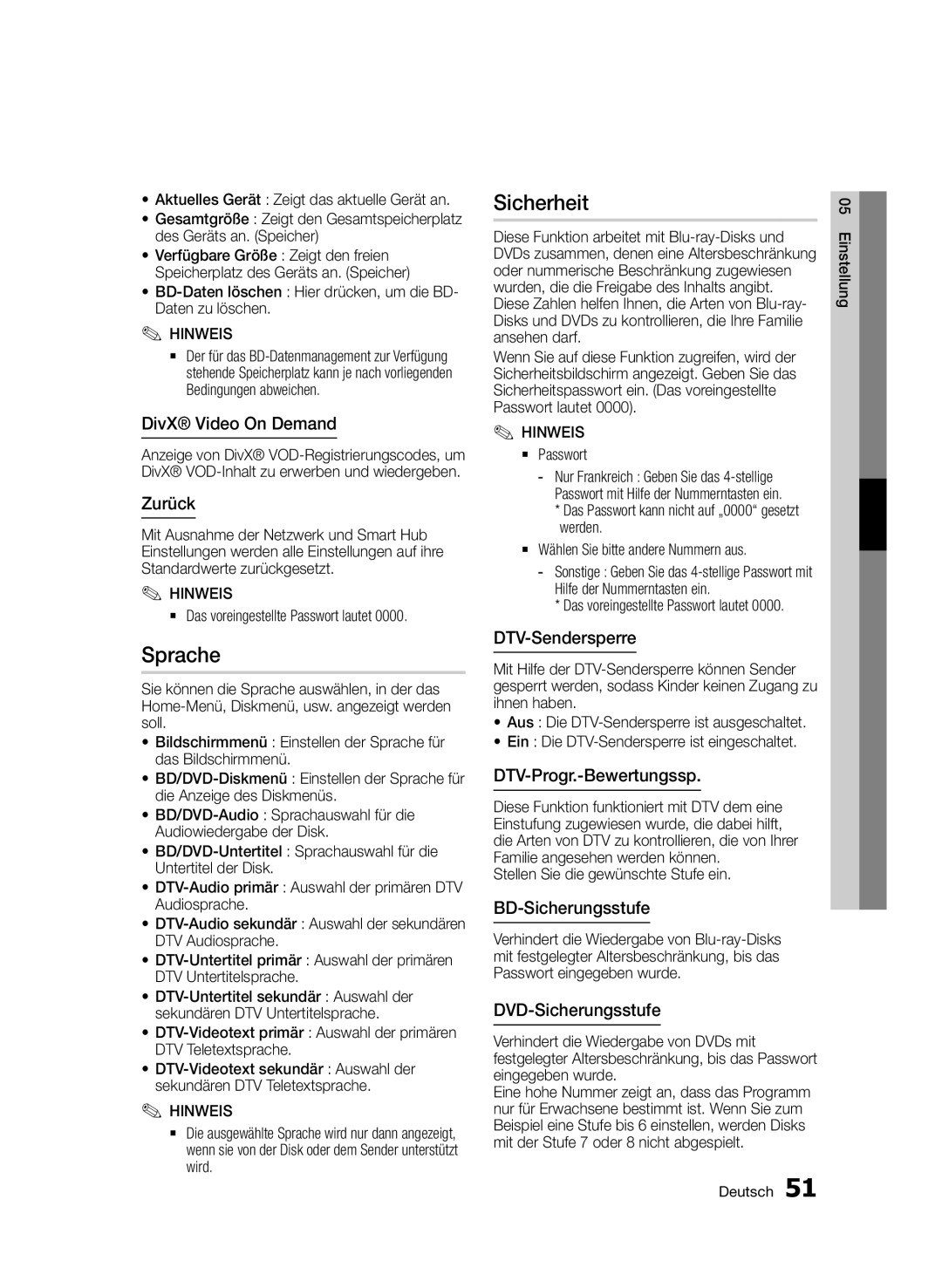 Samsung BD-D8200/XN, BD-D8500/EN, BD-D8500/XN, BD-D8200/EN, BD-D8200/ZF, BD-D8500/ZF manual Sprache, Sicherheit 