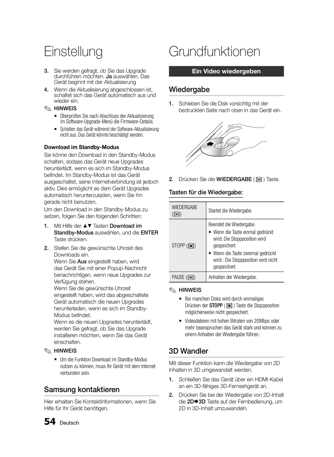 Samsung BD-D8500/EN, BD-D8500/XN manual Grundfunktionen, Samsung kontaktieren, Wiedergabe, 3D Wandler, Ein Video wiedergeben 