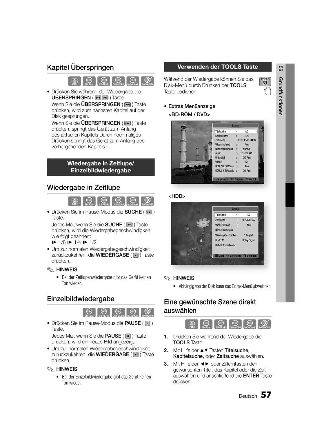 Samsung BD-D8200/XN, BD-D8500/EN, BD-D8500/XN manual Kapitel Überspringen, Wiedergabe in Zeitlupe, Einzelbildwiedergabe 