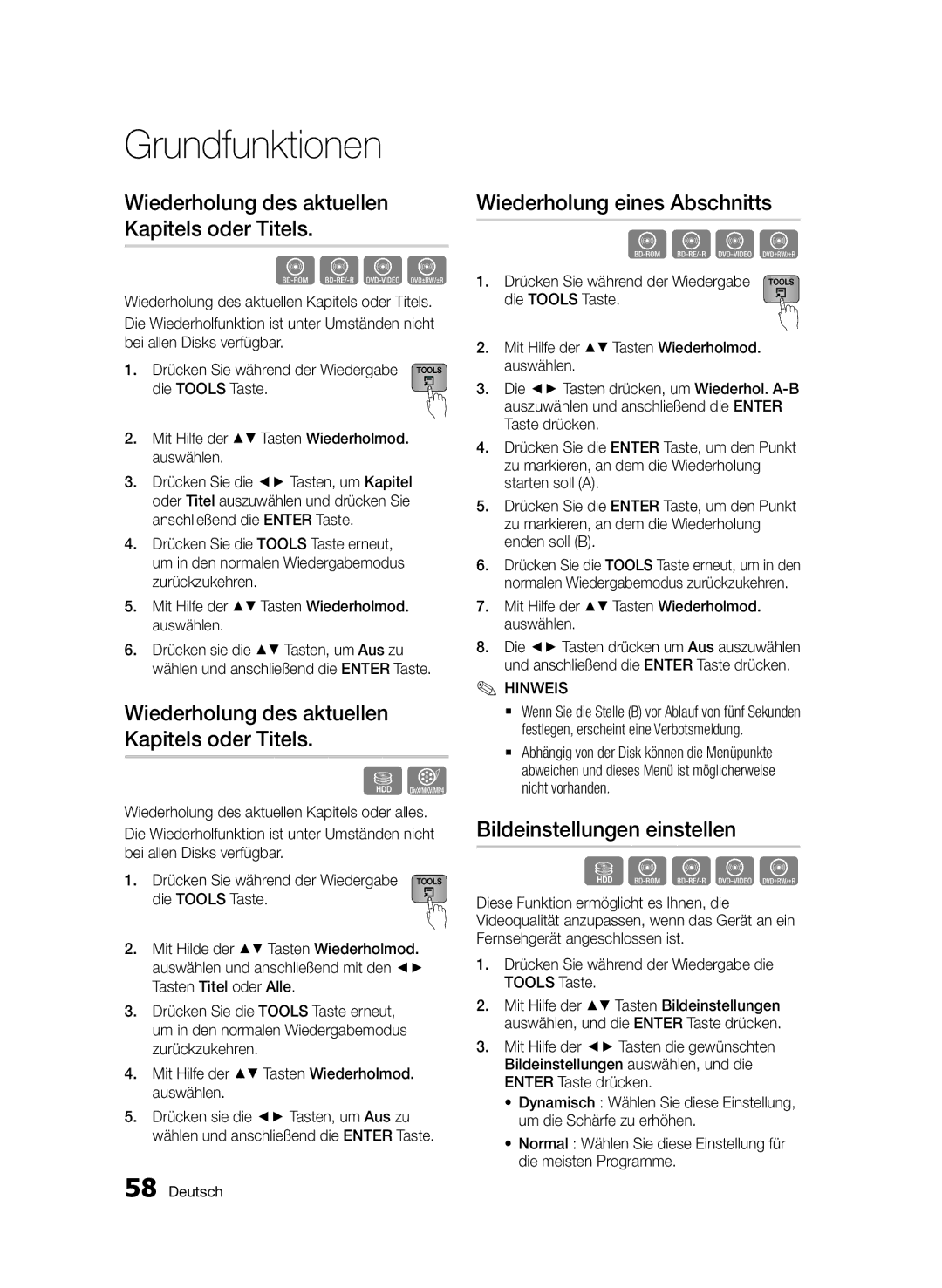 Samsung BD-D8200/ZF, BD-D8500/EN manual Wiederholung des aktuellen Kapitels oder Titels, Wiederholung eines Abschnitts 