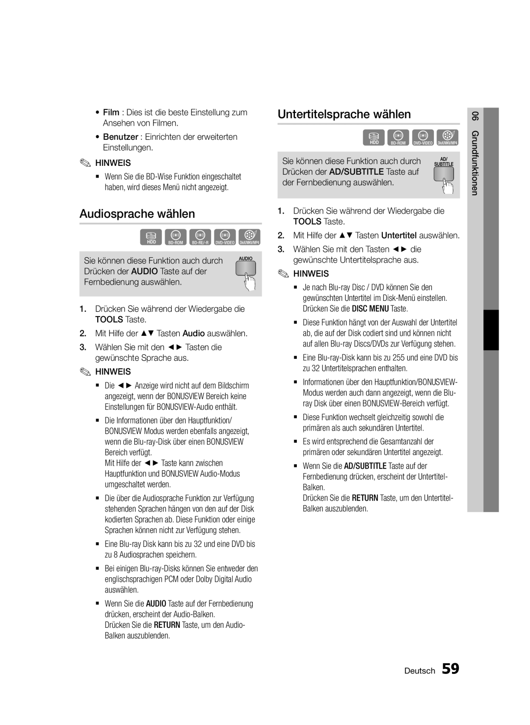 Samsung BD-D8500/ZF, BD-D8500/EN, BD-D8500/XN, BD-D8200/EN, BD-D8200/XN manual Audiosprache wählen, Untertitelsprache wählen 