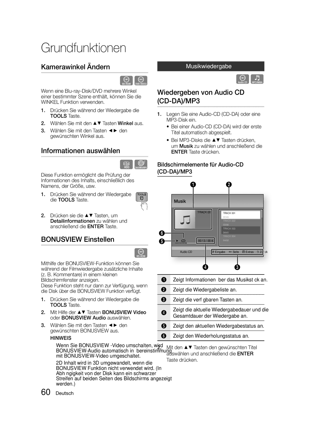 Samsung BD-D8500/EN Kamerawinkel Ändern, Informationen auswählen, Bonusview Einstellen, Wiedergeben von Audio CD CD-DA/MP3 