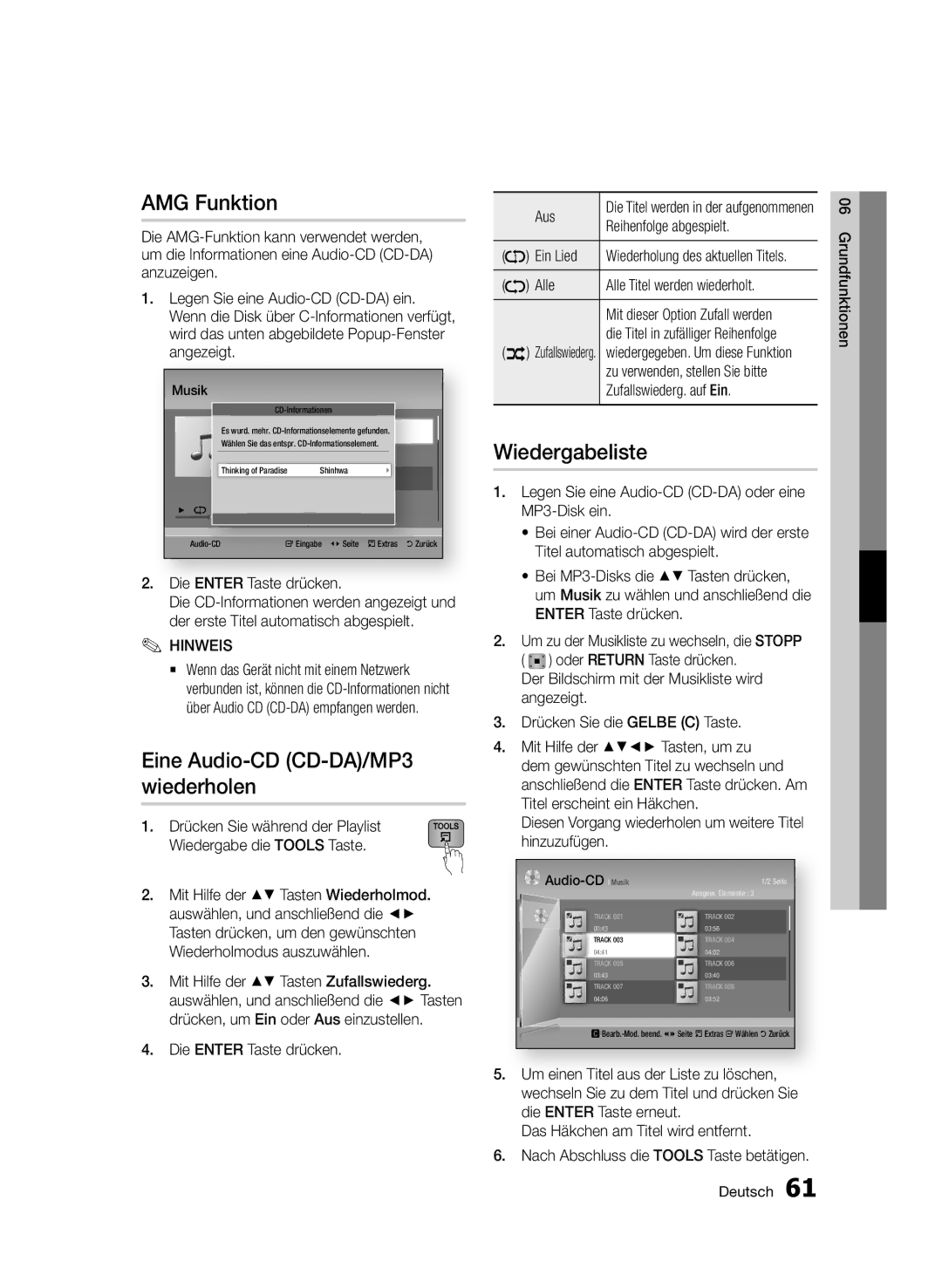 Samsung BD-D8500/XN, BD-D8500/EN, BD-D8200/EN manual AMG Funktion, Eine Audio-CD CD-DA/MP3 wiederholen, Wiedergabeliste 