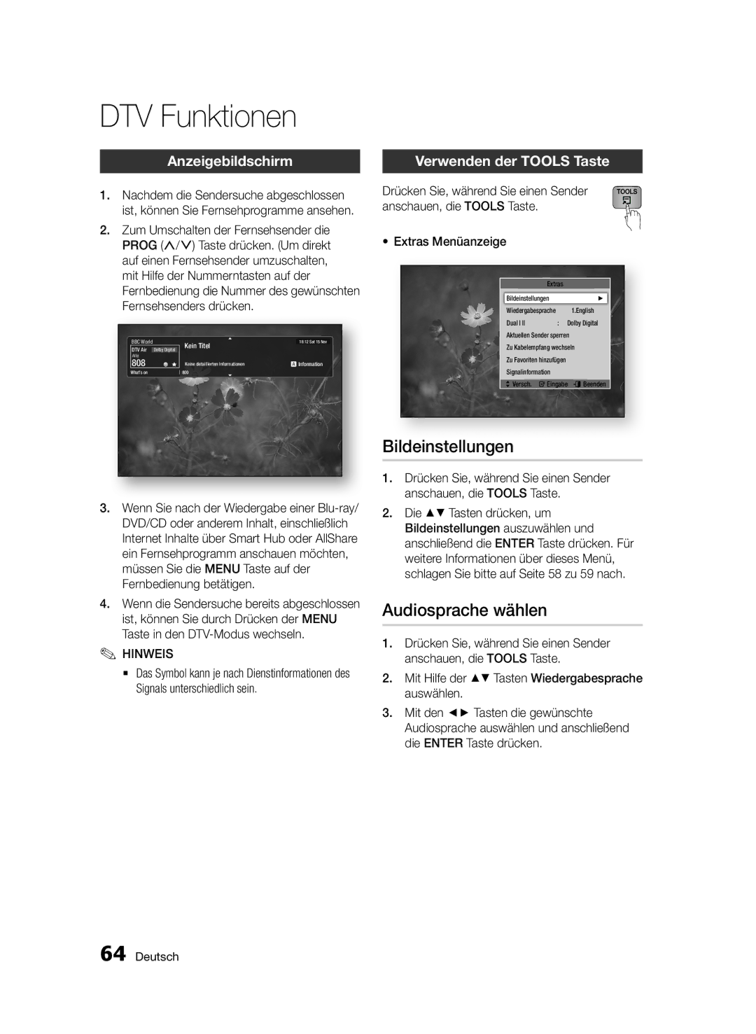 Samsung BD-D8200/ZF, BD-D8500/EN, BD-D8500/XN manual DTV Funktionen, Bildeinstellungen, Anzeigebildschirm, Extras Menüanzeige 