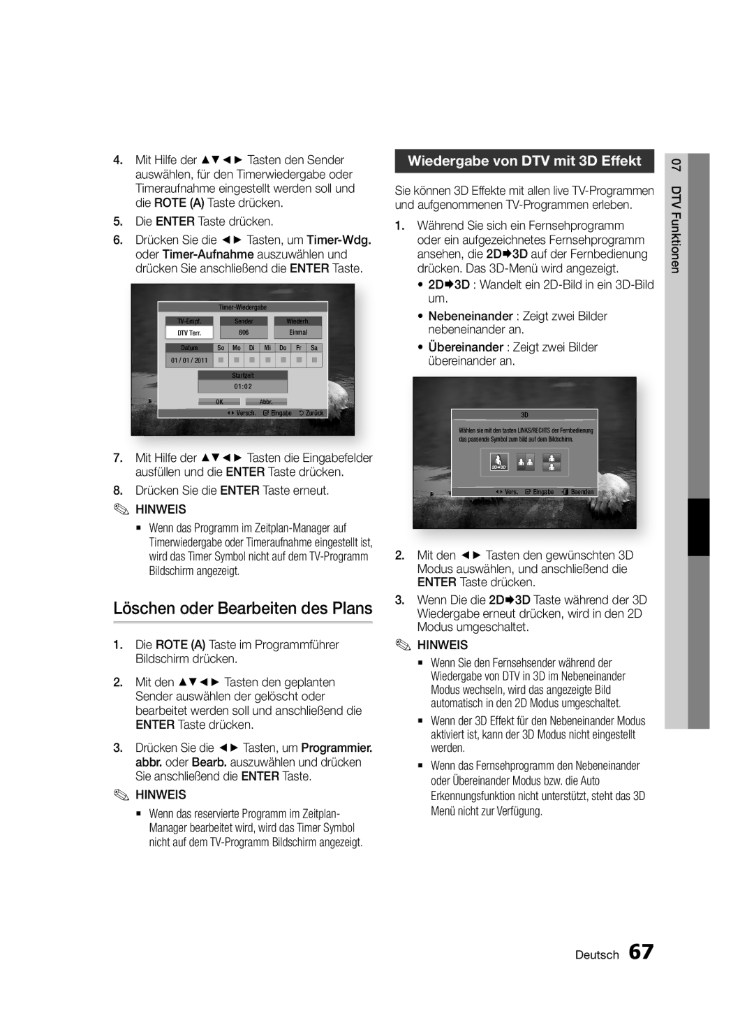 Samsung BD-D8500/XN, BD-D8500/EN, BD-D8200/EN manual Löschen oder Bearbeiten des Plans, Wiedergabe von DTV mit 3D Effekt 