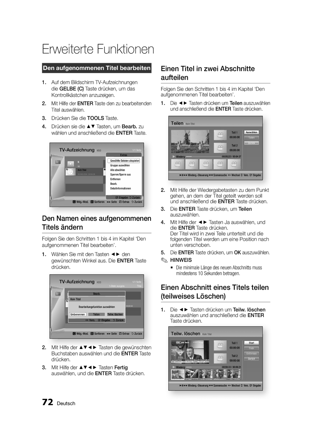 Samsung BD-D8500/EN, BD-D8500/XN Einen Titel in zwei Abschnitte aufteilen, Den Namen eines aufgenommenen Titels ändern 