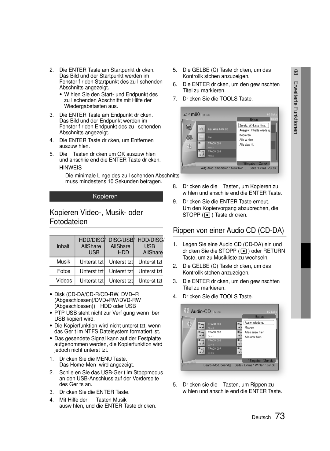 Samsung BD-D8500/XN, BD-D8500/EN, BD-D8200/EN, BD-D8200/XN, BD-D8200/ZF Kopieren Video-, Musik- oder Fotodateien, Usb Hdd 