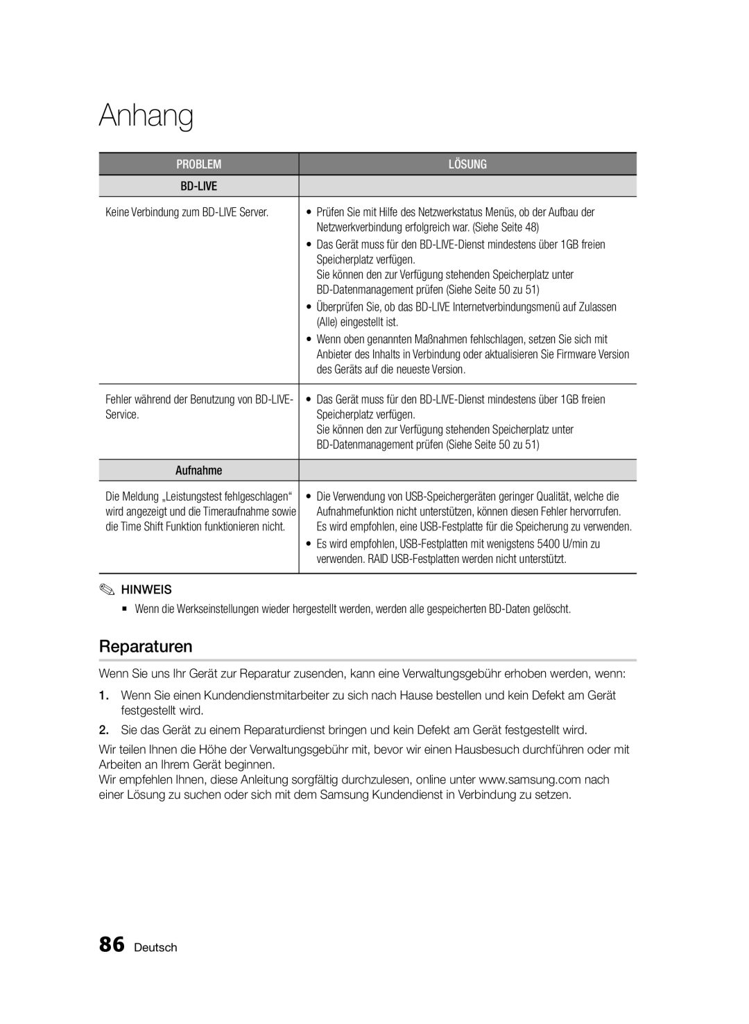 Samsung BD-D8200/EN, BD-D8500/EN, BD-D8500/XN, BD-D8200/XN, BD-D8200/ZF, BD-D8500/ZF manual Reparaturen 