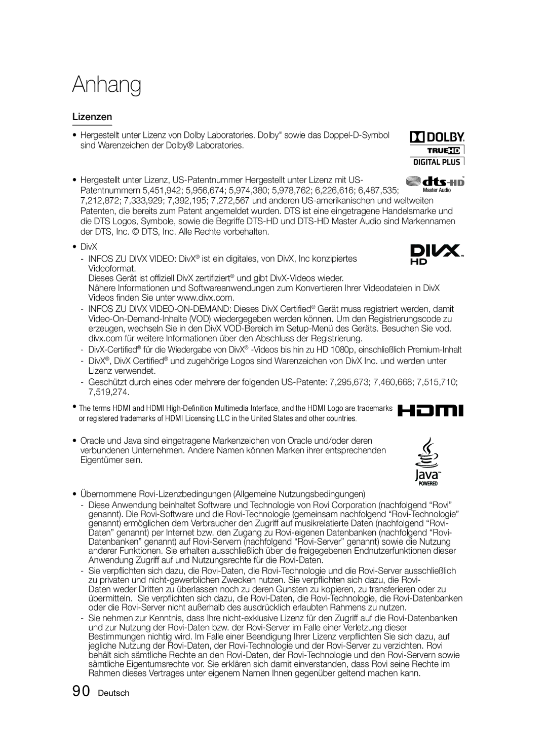 Samsung BD-D8500/EN, BD-D8500/XN, BD-D8200/EN, BD-D8200/XN, BD-D8200/ZF, BD-D8500/ZF manual Lizenzen 