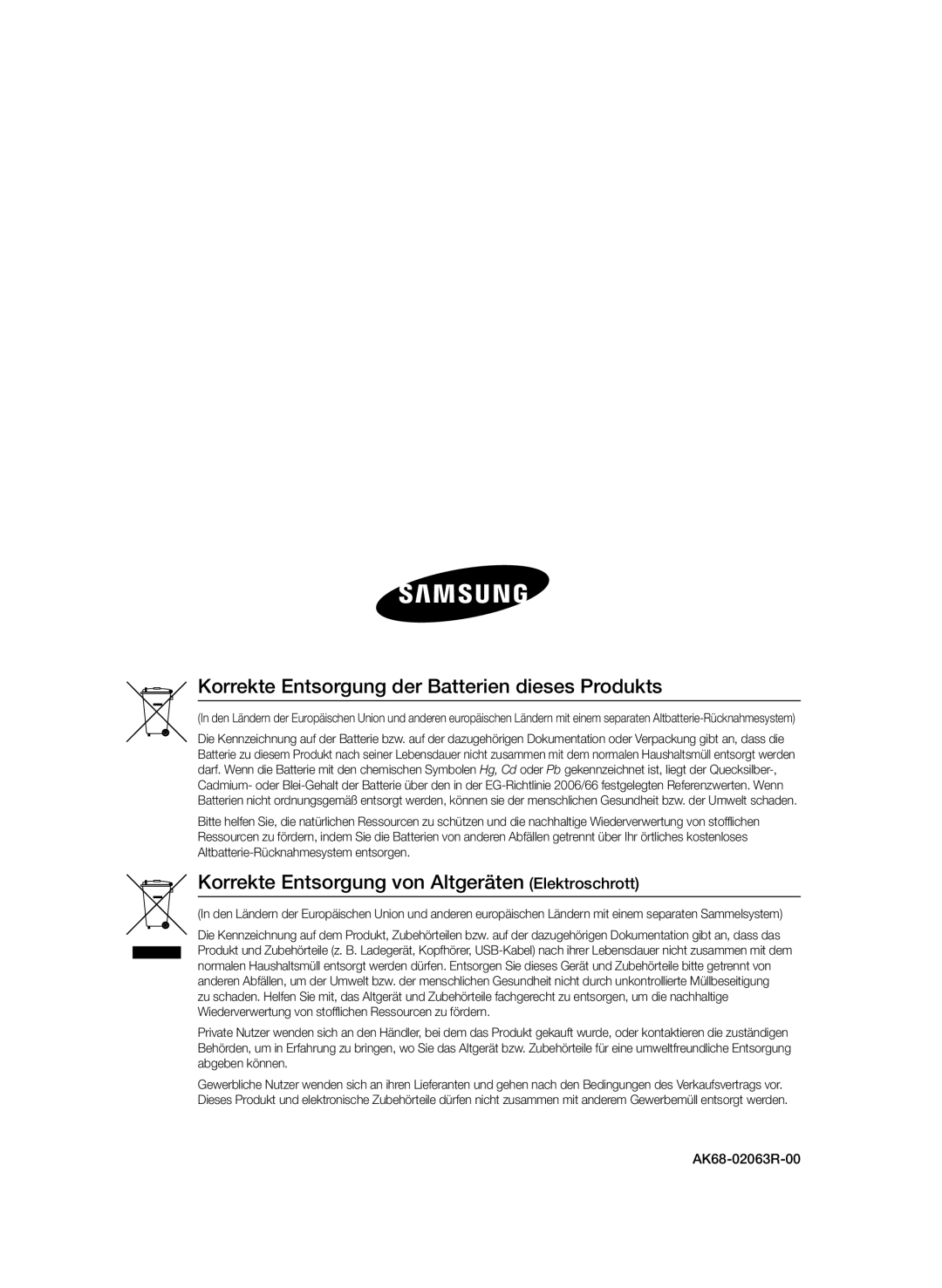 Samsung BD-D8200/ZF, BD-D8500/EN, BD-D8500/XN, BD-D8200/EN Korrekte Entsorgung der Batterien dieses Produkts, AK68-02063R-00 