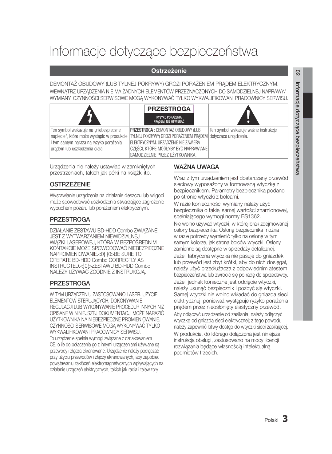 Samsung BD-D8500/XN, BD-D8500/EN manual Informacje dotyczące bezpieczeństwa, Ostrzeżenie, Należy Używać Zgodnie Z Instrukcją 