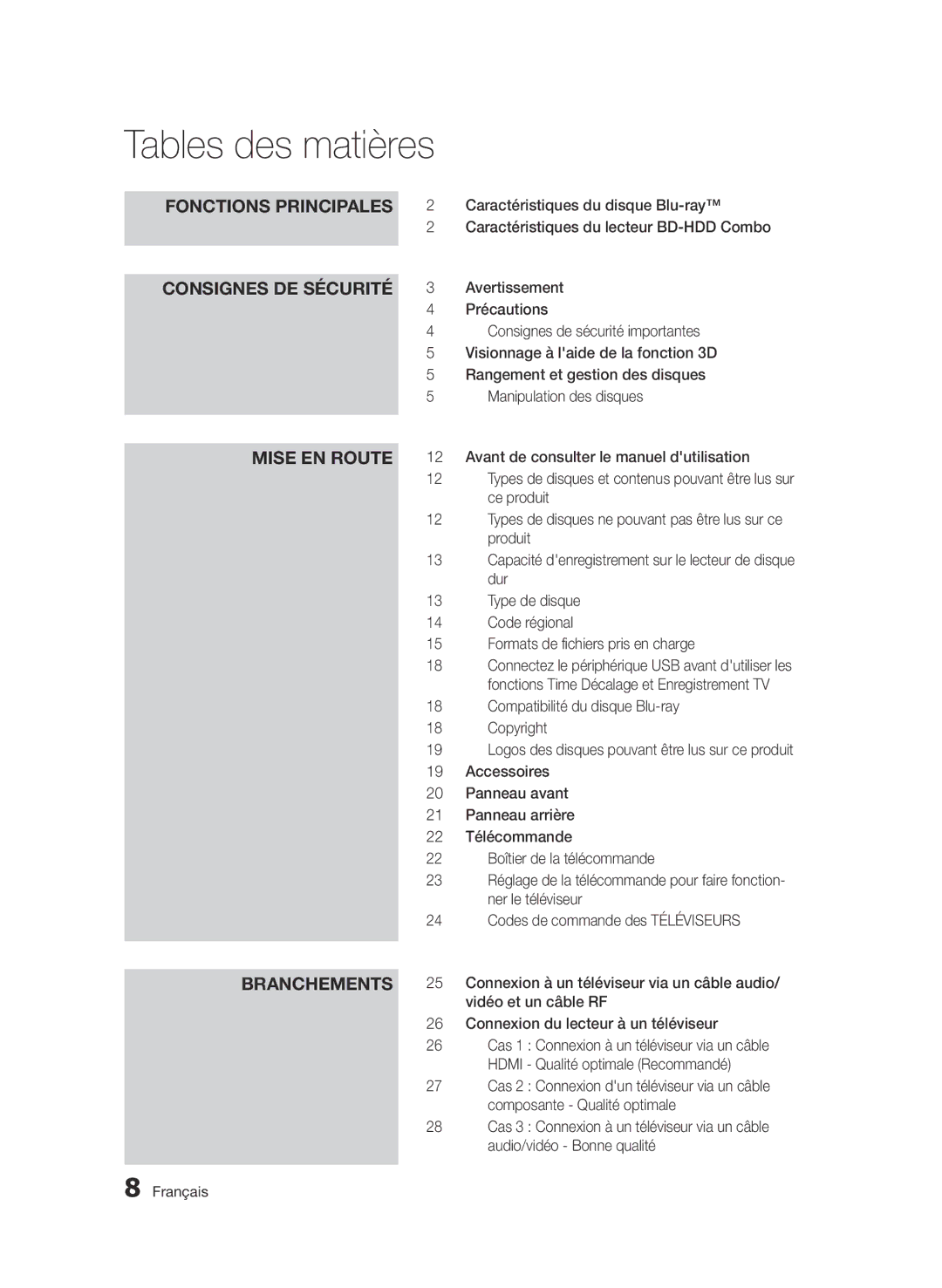 Samsung BD-D8500/ZF, BD-D8500/EN, BD-D8500/XN, BD-D8200/EN, BD-D8200/XN, BD-D8200/ZF manual Tables des matières 