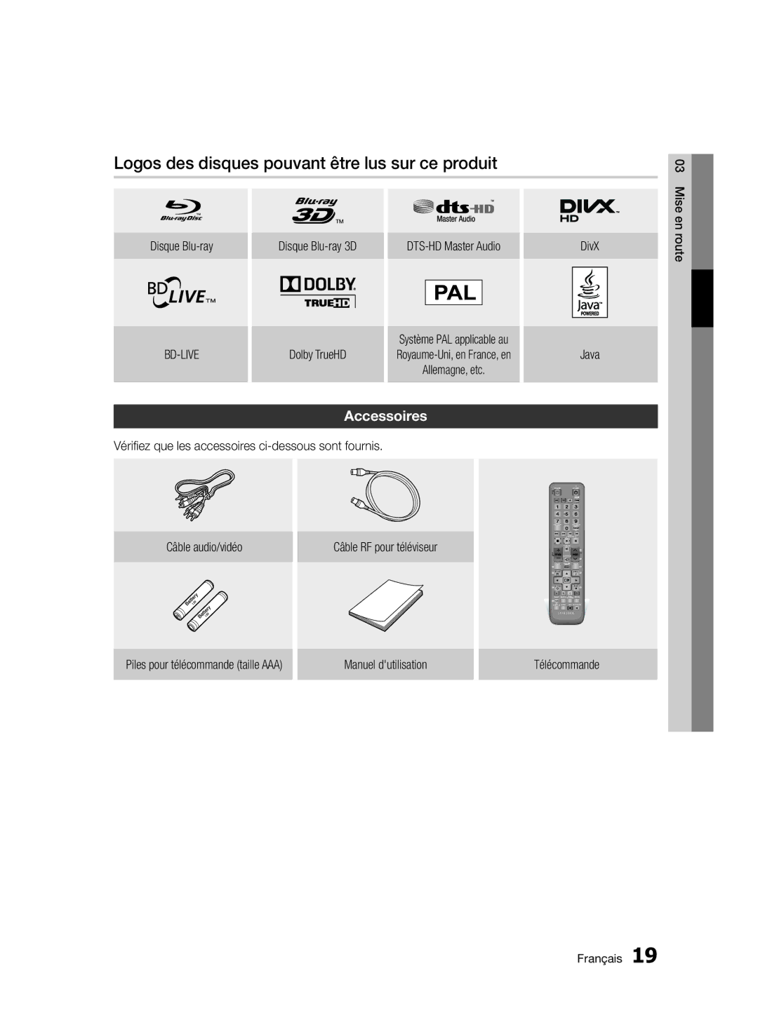 Samsung BD-D8200/ZF, BD-D8500/EN, BD-D8500/XN, BD-D8200/EN Logos des disques pouvant être lus sur ce produit, Accessoires 