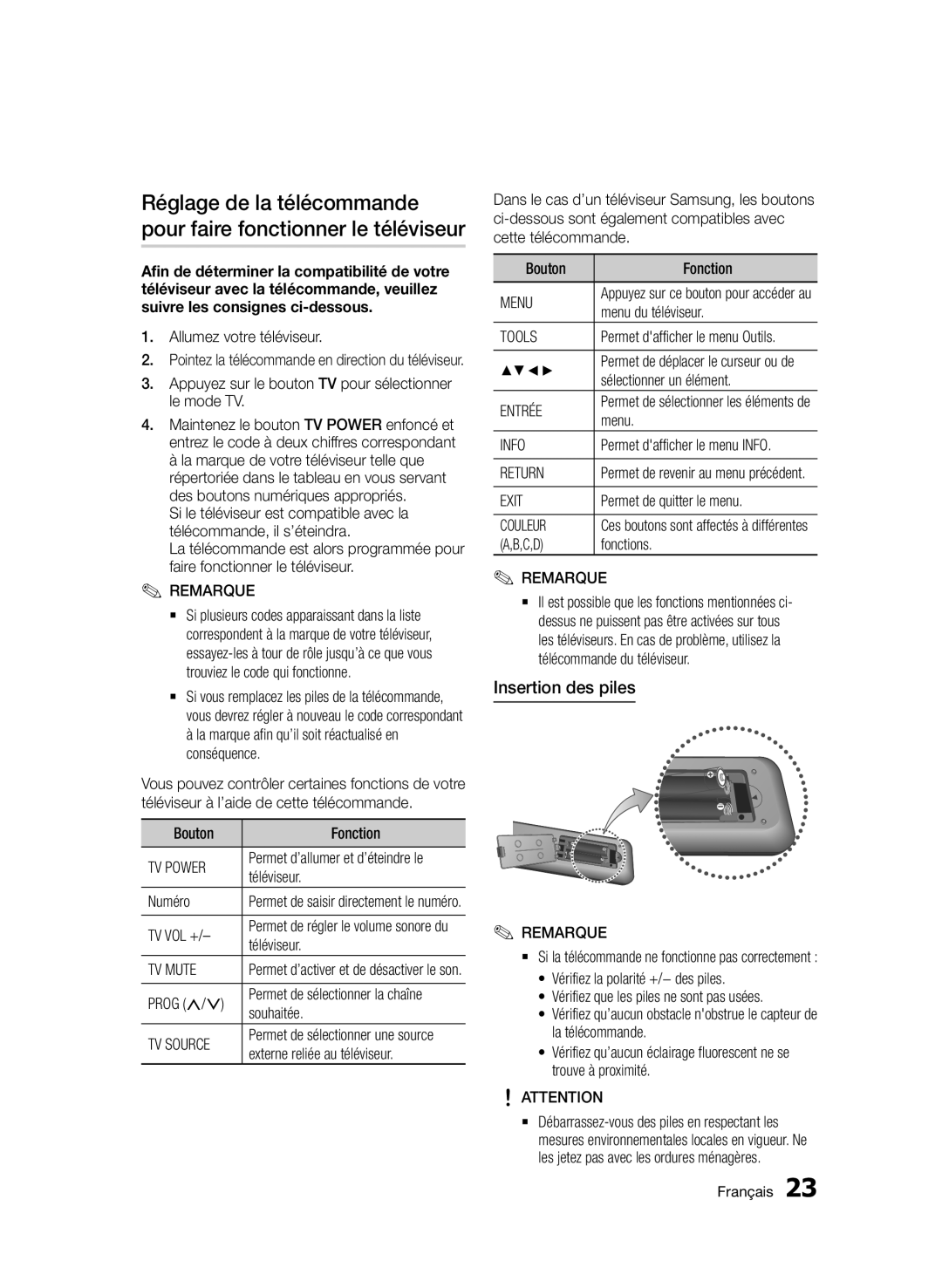 Samsung BD-D8200/EN, BD-D8500/EN, BD-D8500/XN, BD-D8200/XN, BD-D8200/ZF, BD-D8500/ZF manual Insertion des piles, Entrée, Couleur 