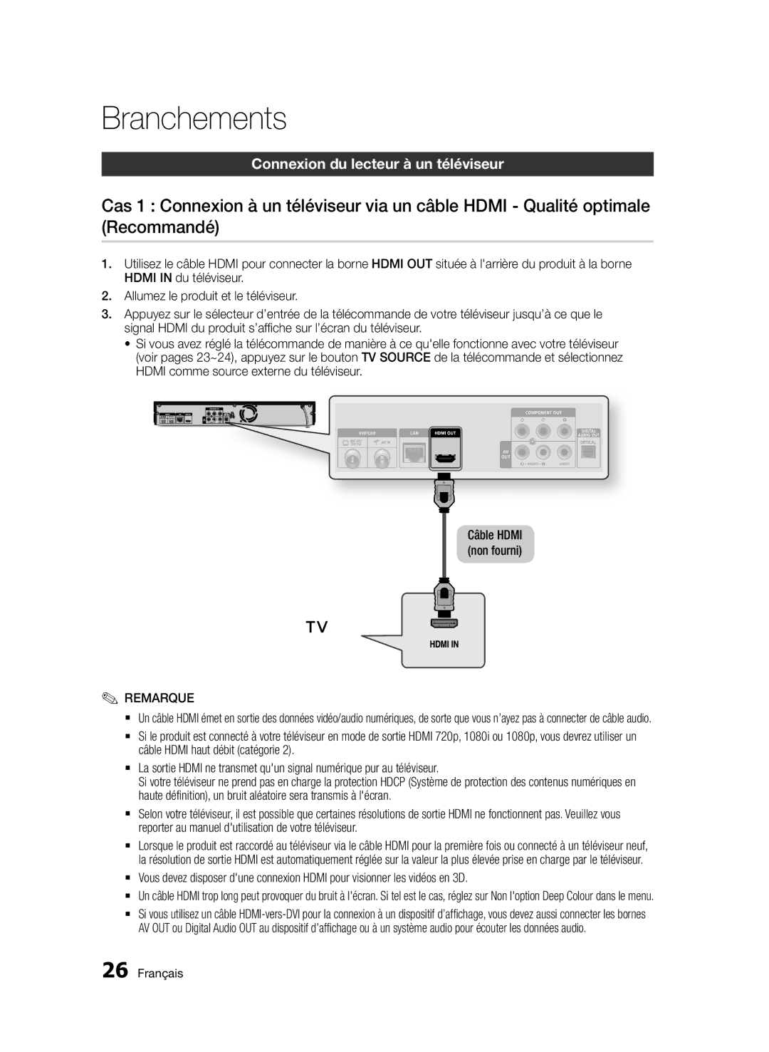 Samsung BD-D8500/ZF, BD-D8500/EN, BD-D8500/XN, BD-D8200/EN, BD-D8200/XN, BD-D8200/ZF manual Connexion du lecteur à un téléviseur 