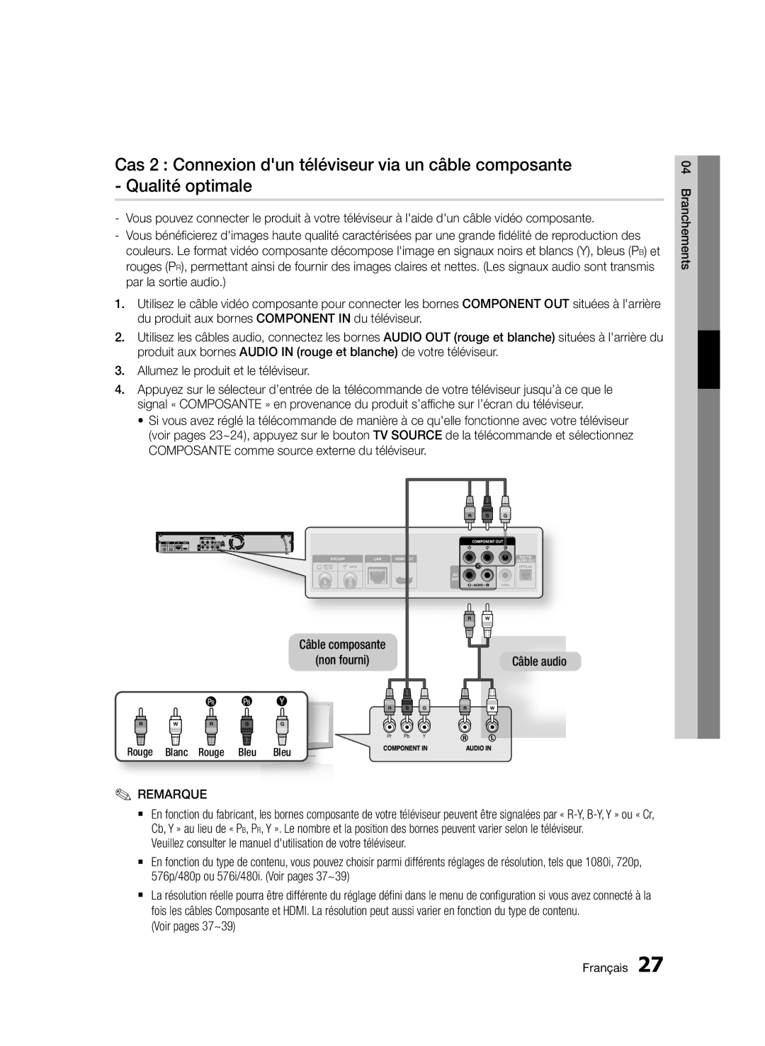 Samsung BD-D8500/EN, BD-D8500/XN Câble composante Non fourni, Câble audio, Voir pages 37~39, Rouge Blanc Rouge Bleu Bleu 