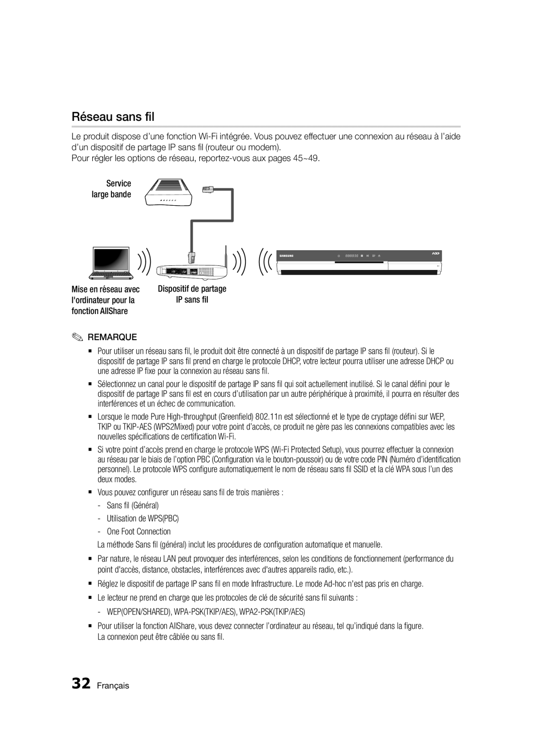 Samsung BD-D8500/ZF, BD-D8500/EN, BD-D8500/XN, BD-D8200/EN, BD-D8200/XN, BD-D8200/ZF manual Réseau sans fil, Service large bande 