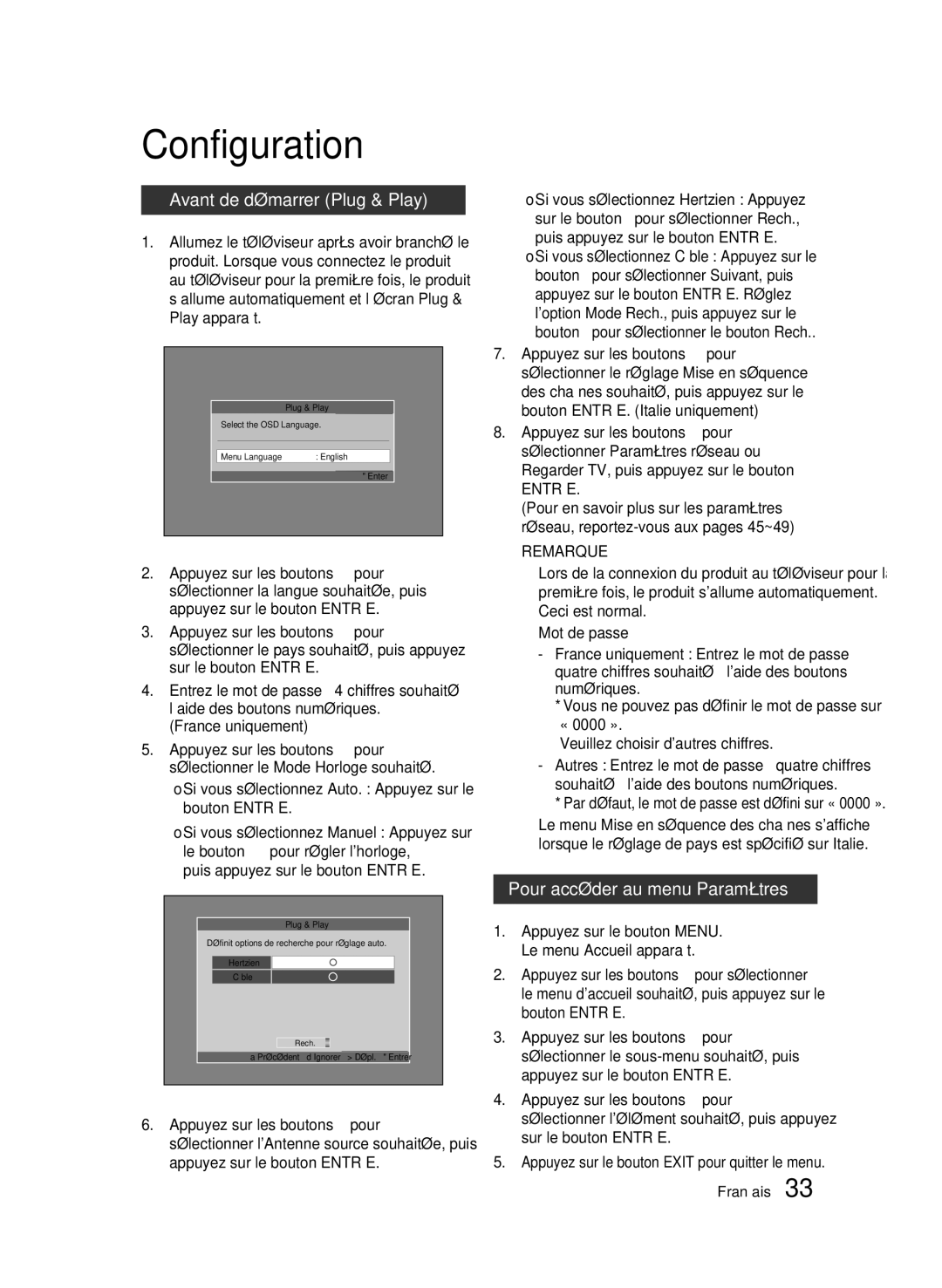 Samsung BD-D8500/EN, BD-D8500/XN, BD-D8200/EN Configuration, Avant de démarrer Plug & Play, Pour accéder au menu Paramètres 